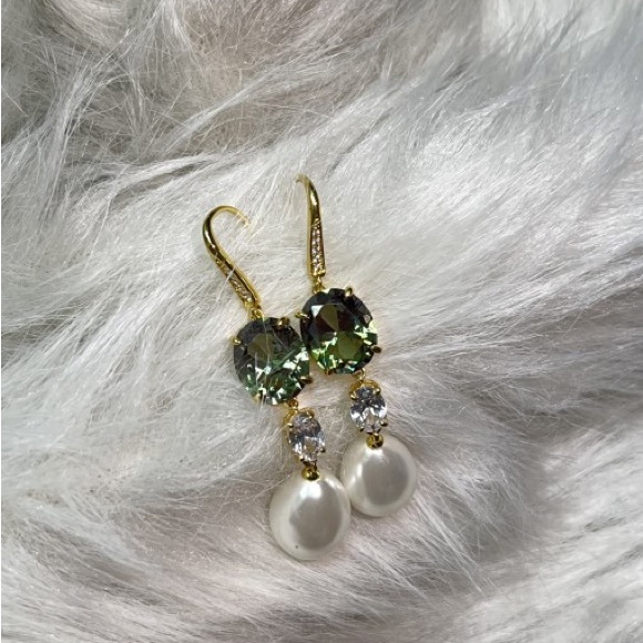 Golden Oval Cut & Pearl Peridot Drop Earrings 925 Sterling Silver - Picture 7 of 8